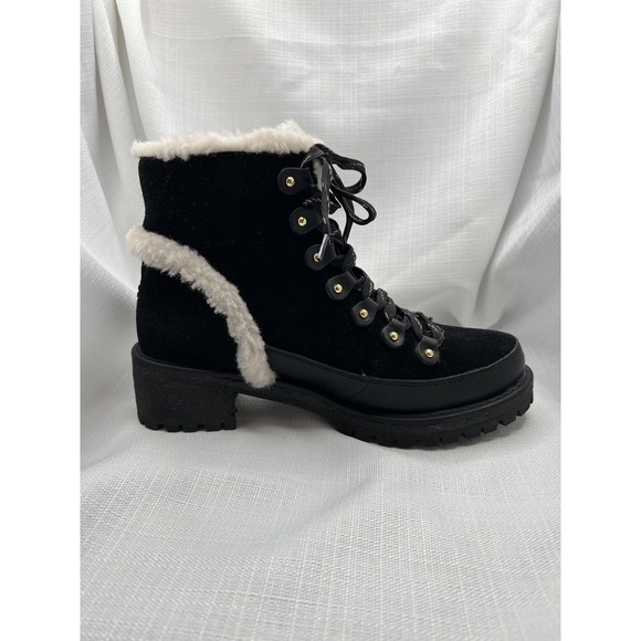 Tory Burch Women Cooper Suede Shearling Lined Lace-up Black Lug Boots size 8 - Picture 7 of 12